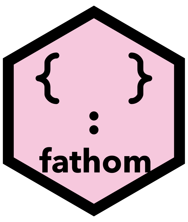 The fathom hex sticker. A rose hexagon with a black border, holding a face built from JSON's own marks: an opening and a closing brace as the two eyes, a colon as the nose, and the package name as the mouth.