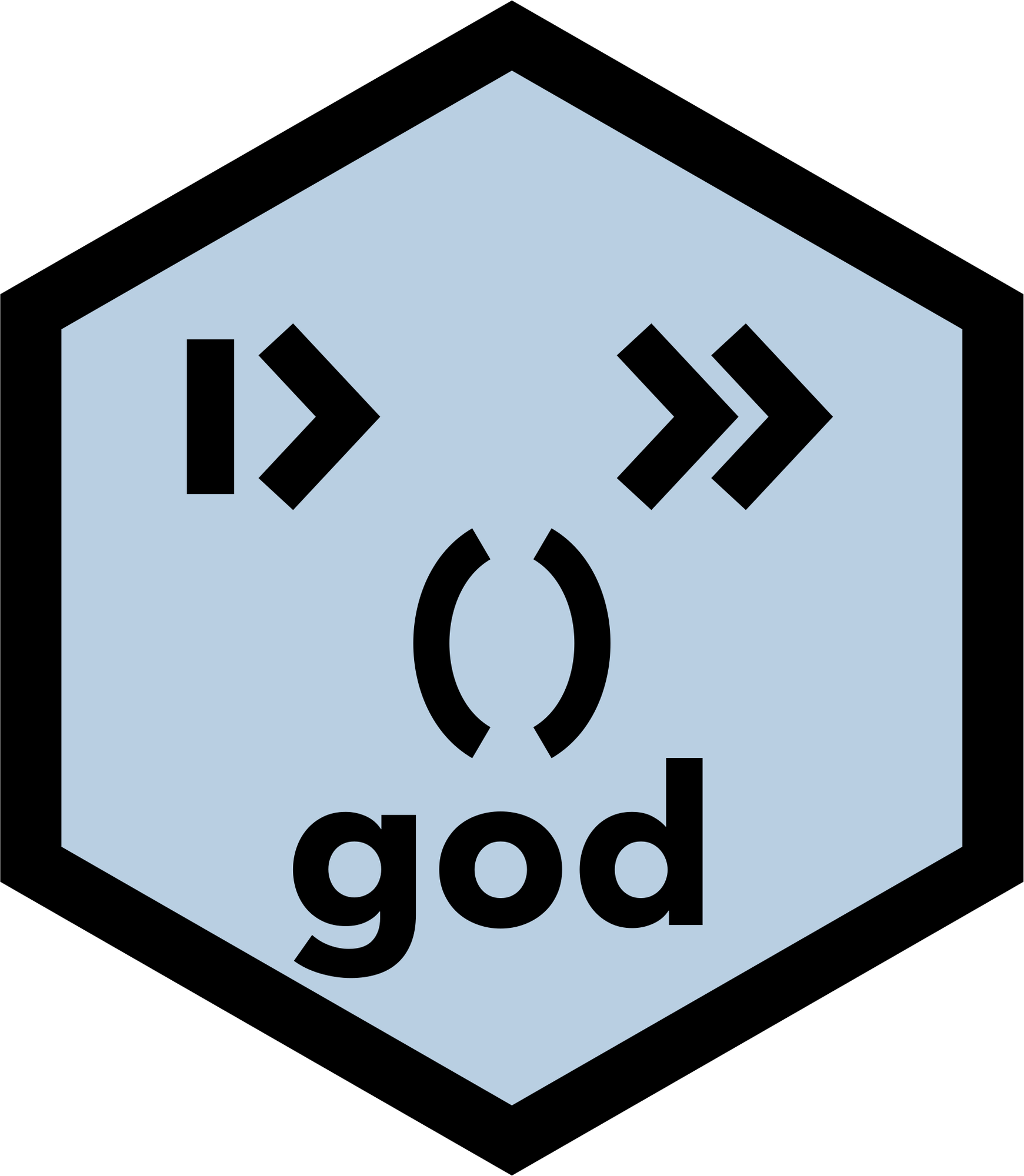 god: A Grammar of Data The god hex sticker. A slate blue hexagon with a black border, holding a face built from the grammar's own marks: R's pipe and Python's as the two eyes, a pair of parentheses as the nose, and the package name as the mouth.